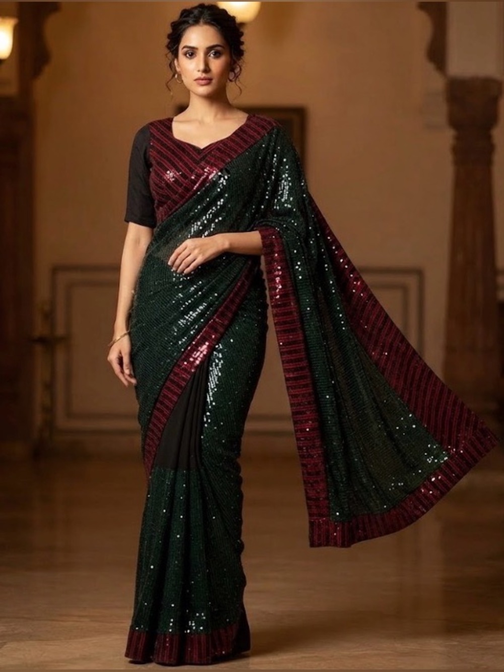 Red Green Bollywood Sequin Saree Set